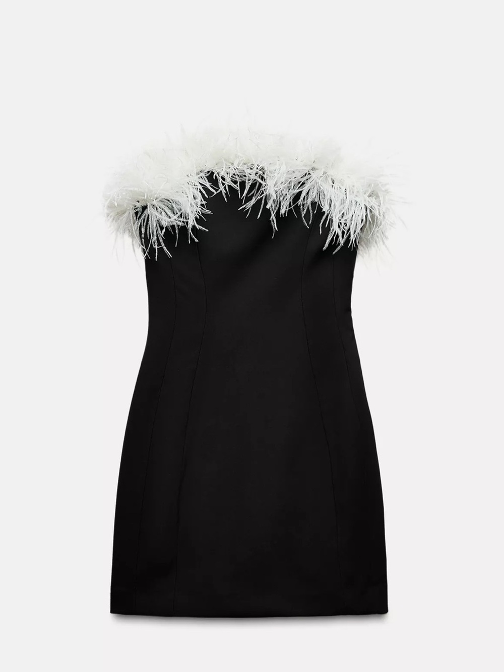 ZARA Strapless Black Mini Dress with White Feather Trim NEW